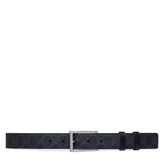 Reversible belt with rectangular buckle in black leather, blue and black Supreme by GUCCI