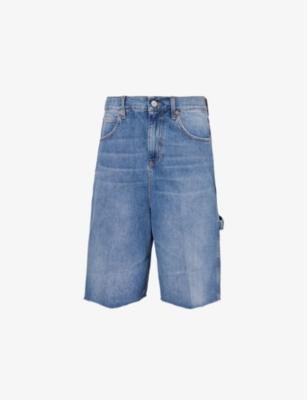 Rhinestone-branded raw-hem denim Bermuda shorts by GUCCI