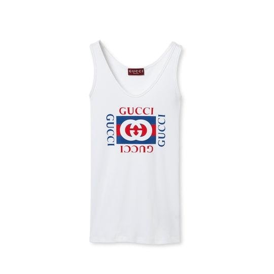 Rib cotton tank top with Gucci print in white by GUCCI