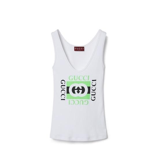Rib cotton tank top with Gucci print in white by GUCCI