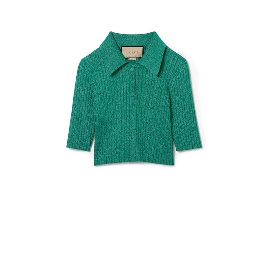 Rib lamé cropped polo shirt in emerald green by GUCCI