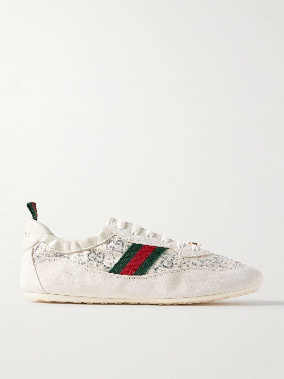 Shift webbing and leather-trimmed embellished mesh and suede sneakers by GUCCI