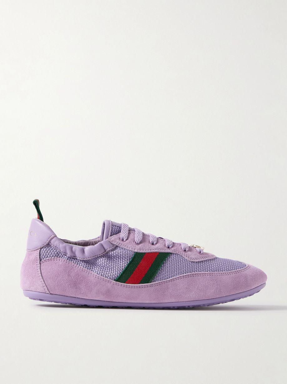Shift webbing and leather-trimmed mesh and suede sneakers by GUCCI