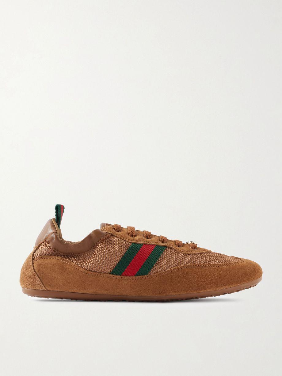 Shift webbing and leather-trimmed mesh and suede sneakers by GUCCI