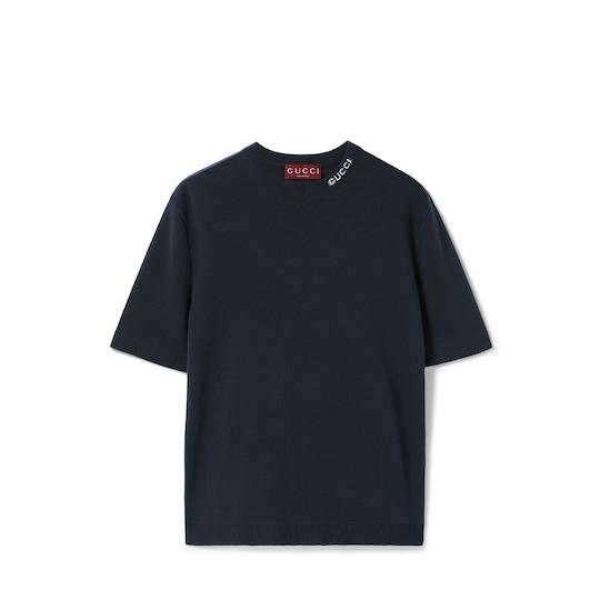 Silk cotton T-shirt with Gucci intarsia in navy by GUCCI