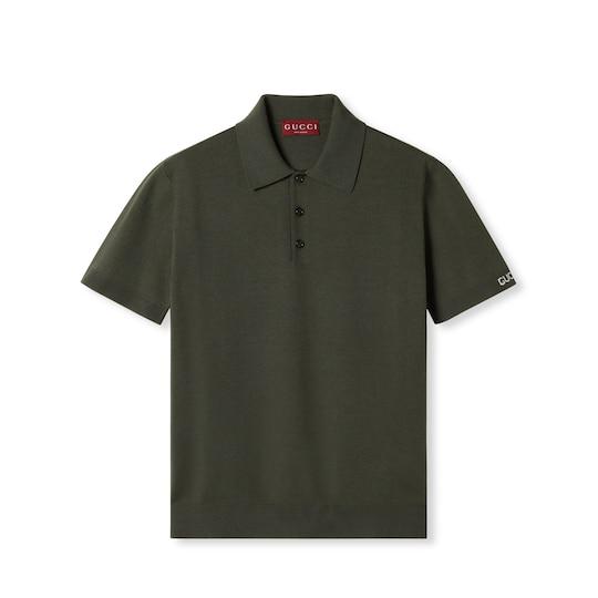 Silk cotton knit polo shirt in forest green by GUCCI