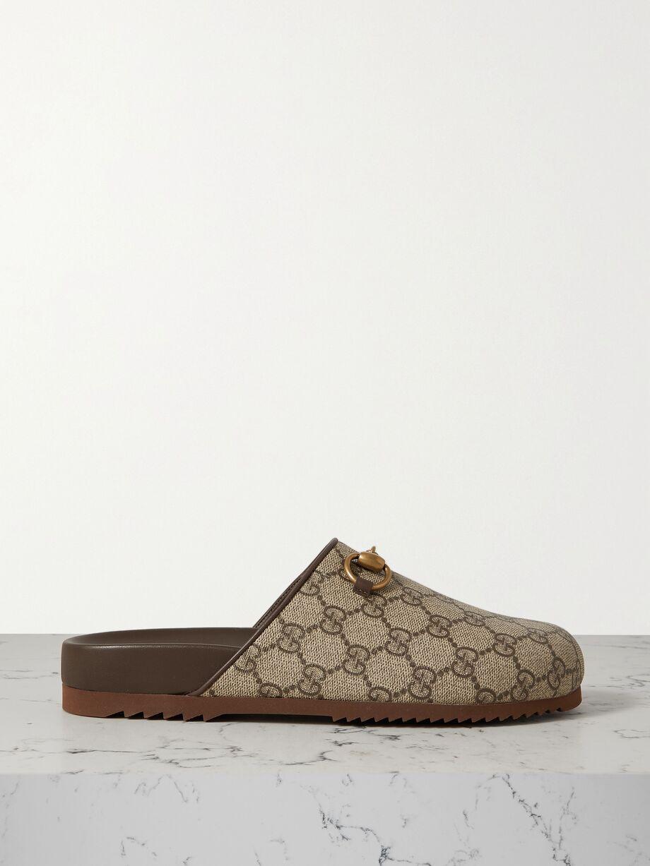 Sol embellished leather-trimmed canvas-jacquard slippers by GUCCI