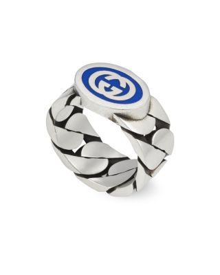 Sterling Silver Interlocked G Blue Enamel Logo Chain Link Ring by GUCCI
