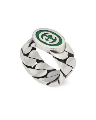 Sterling Silver Interlocked G Green Enamel Logo Chain Link Ring by GUCCI