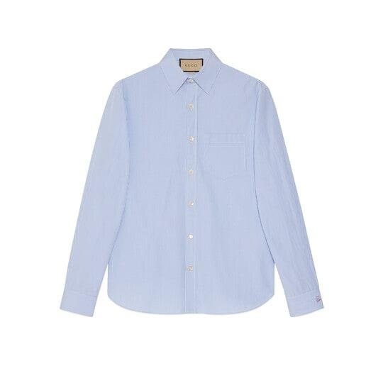 Striped cotton shirt with embroidery in light blue and white by GUCCI