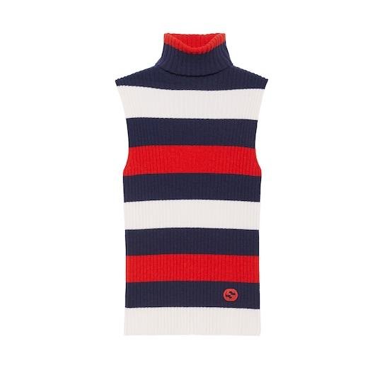 Striped rib stitch wool turtleneck top in ivory, blue and red by GUCCI