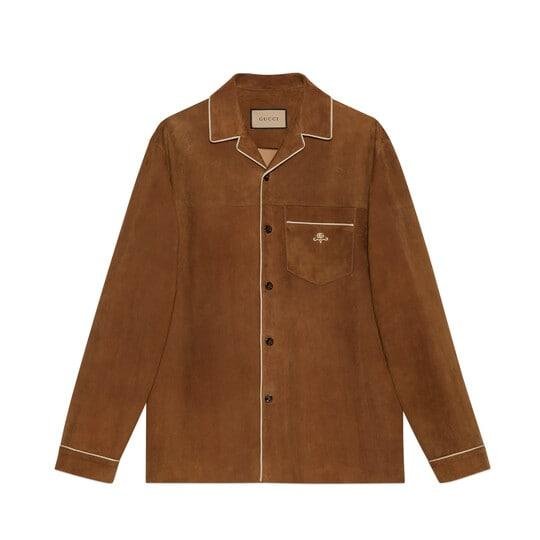 Suede shirt with embroidery in brown by GUCCI