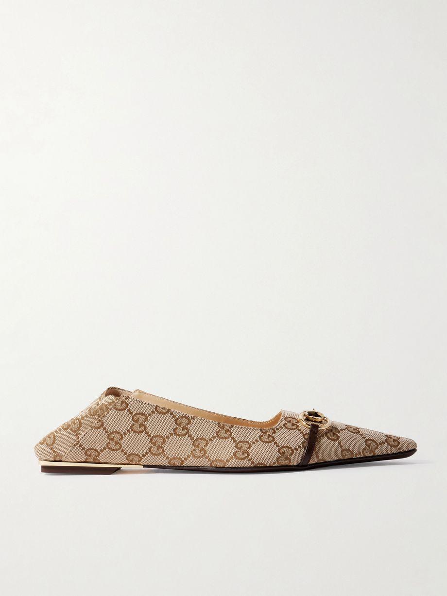 Vittoria horsebit-detailed leather-trimmed canvas-jacquard ballet flats by GUCCI