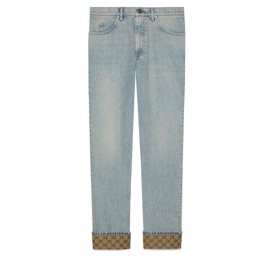 Washed denim pant with GG turn ups in light blue by GUCCI