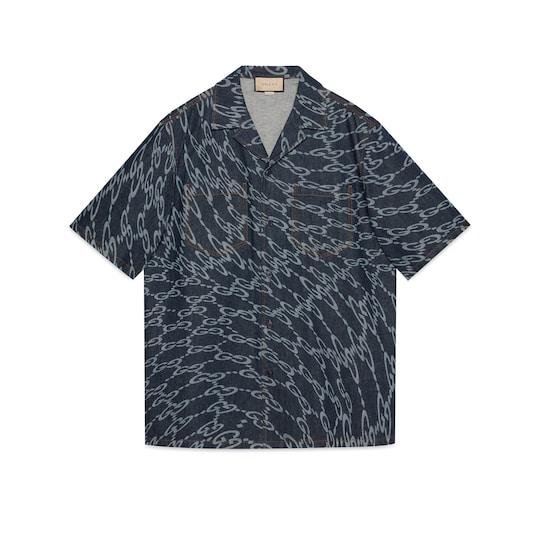 Wavy GG laser print denim shirt in dark blue by GUCCI