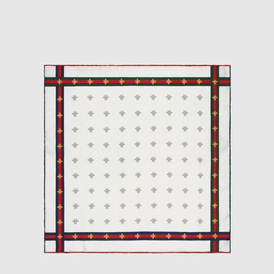 White Silk Bee Pattern Pocket Square by GUCCI