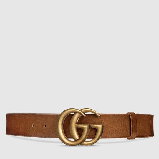 Wide Brown Leather Belt With Double G Buckle by GUCCI
