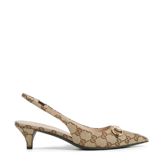 Women's GG canvas slingback pump in beige and ebony canvas by GUCCI