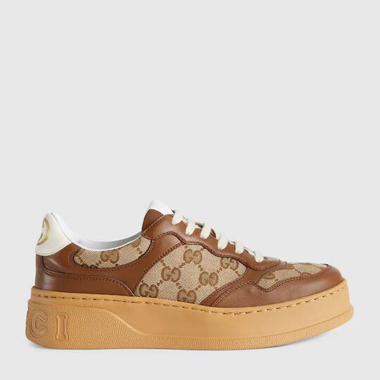 Women's GG sneaker with Web in brown leather and canvas by GUCCI