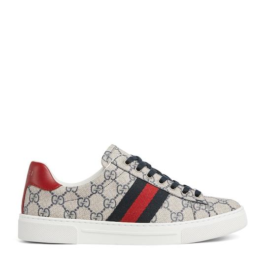 Women's Gucci Ace sneaker with Web in beige and blue Supreme by GUCCI