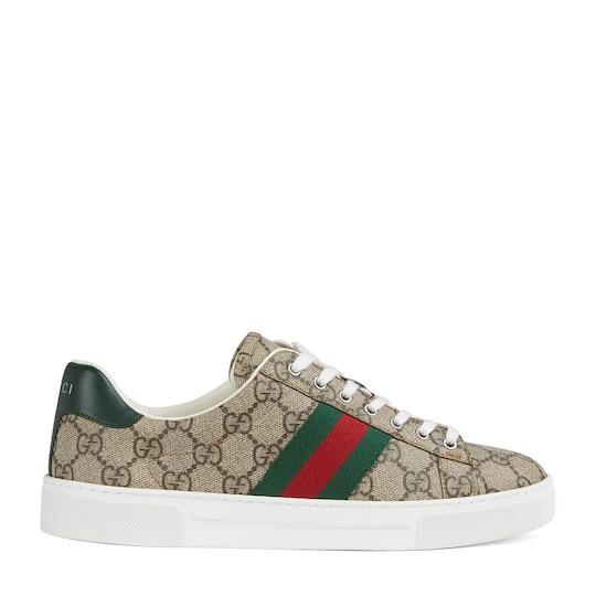 Women's Gucci Ace sneaker with Web in beige and ebony Supreme by GUCCI