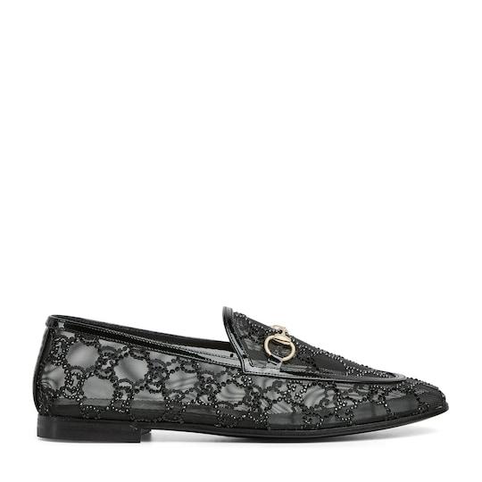 Women's Gucci Jordaan loafer in black GG mesh with crystals by GUCCI