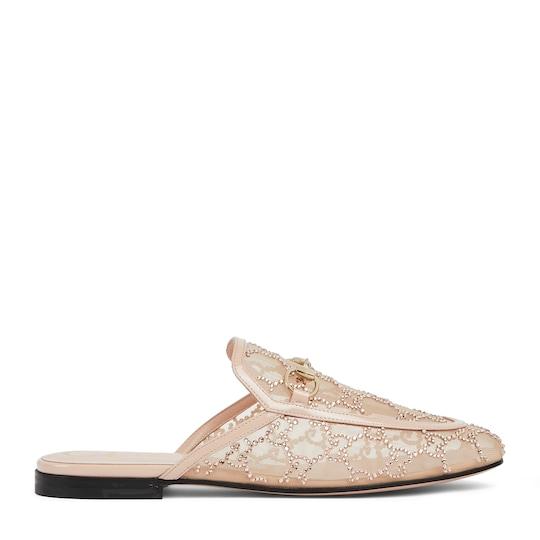 Women's Princetown slipper in ivory GG mesh with crystals by GUCCI Women's Princetown slipper in ivory GG mesh with crystals by GUCCI
