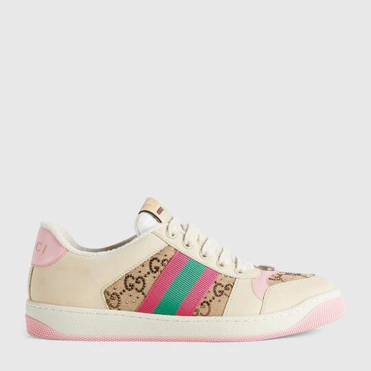 Women's Screener sneaker with crystals in beige and ebony GG canvas by GUCCI