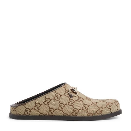 Women's mule with Horsebit in camel and dark brown GG canvas by GUCCI