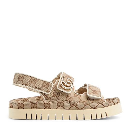 Women's sandal with Double G in beige and dark brown GG canvas by GUCCI