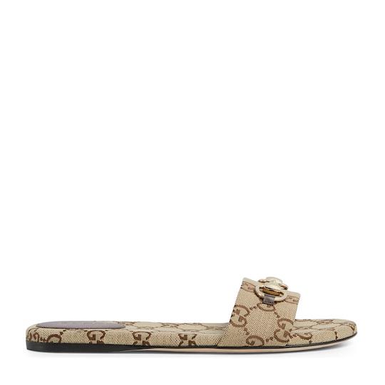 Women's slide sandal with Horsebit in beige and dark brown GG canvas by GUCCI