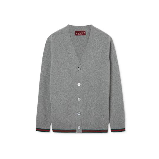 Wool and cashmere cardigan with Web in grey mélange by GUCCI