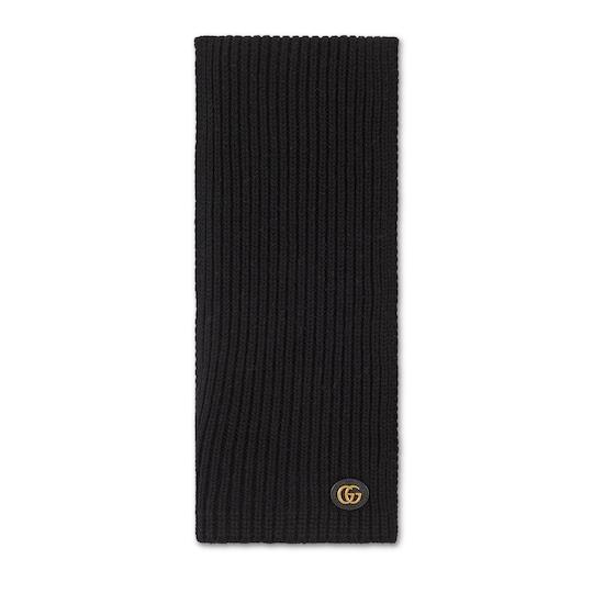 Wool cashmere scarf with patch in black by GUCCI