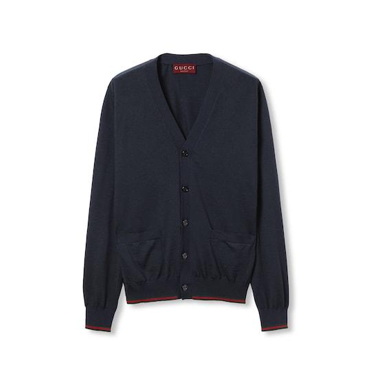 Wool knit cardigan with Web in dark blue by GUCCI