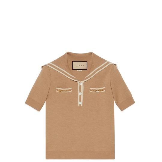 Wool polo shirt with Horsebit in camel by GUCCI