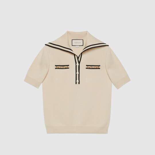 Wool polo shirt with contrast trim in white by GUCCI