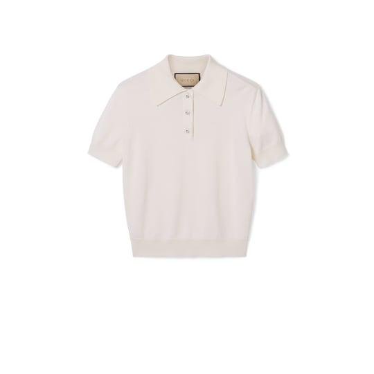 Wool silk polo top in ivory by GUCCI