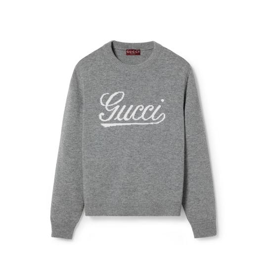 Wool sweater with Gucci intarsia in grey by GUCCI