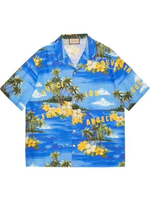palm tree-print bowling shirt by GUCCI