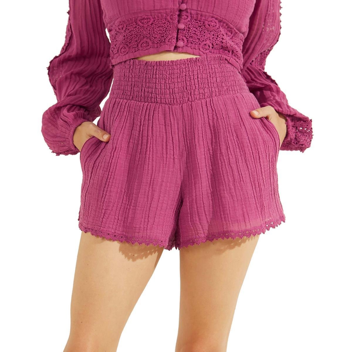 Guess Womens Abigail Smocked Crochet Trim High-Waist Shorts by GUESS