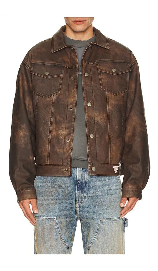 Guess Originals Leather Trucker Jacket in Brown by GUESS ORIGINALS