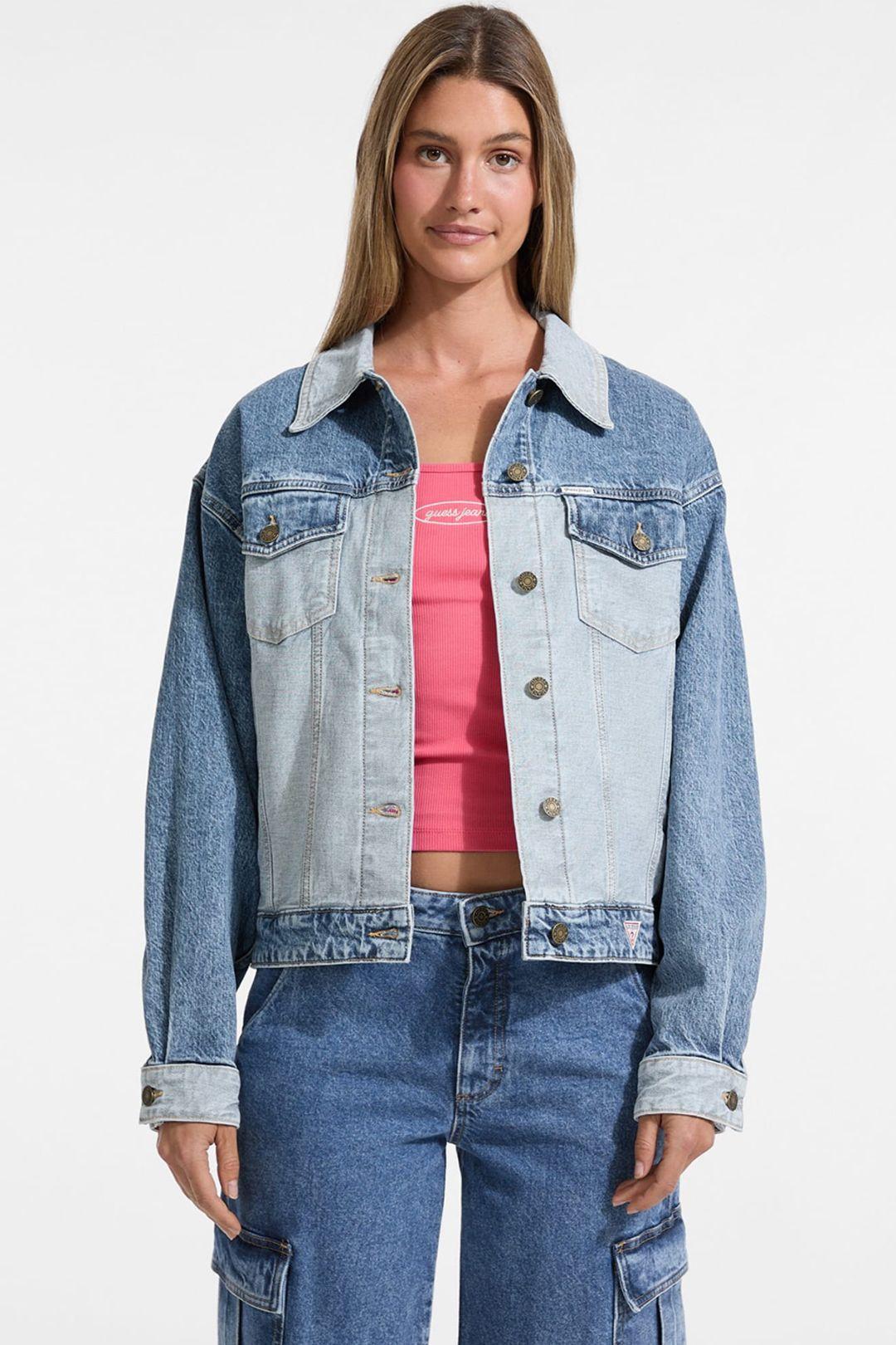 Oversized paneled trucker jacket grey and blue by GUESS