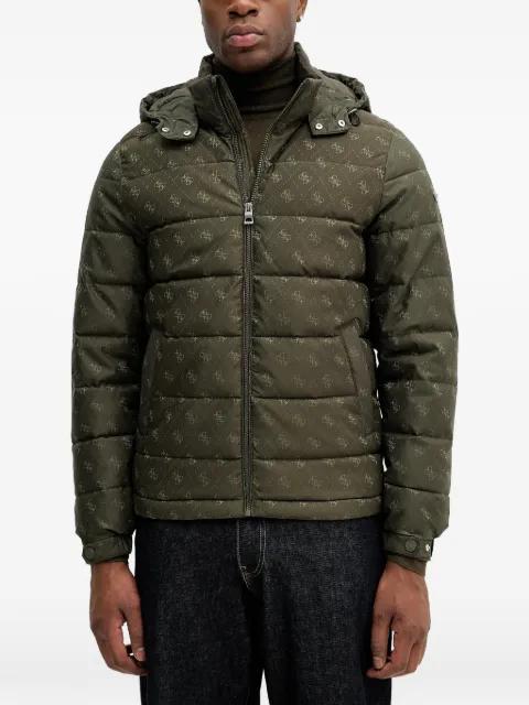 hoodied patterned puffer jacket by GUESS USA