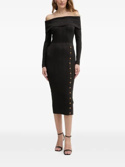 off-shoulder button midi dress by GUESS USA
