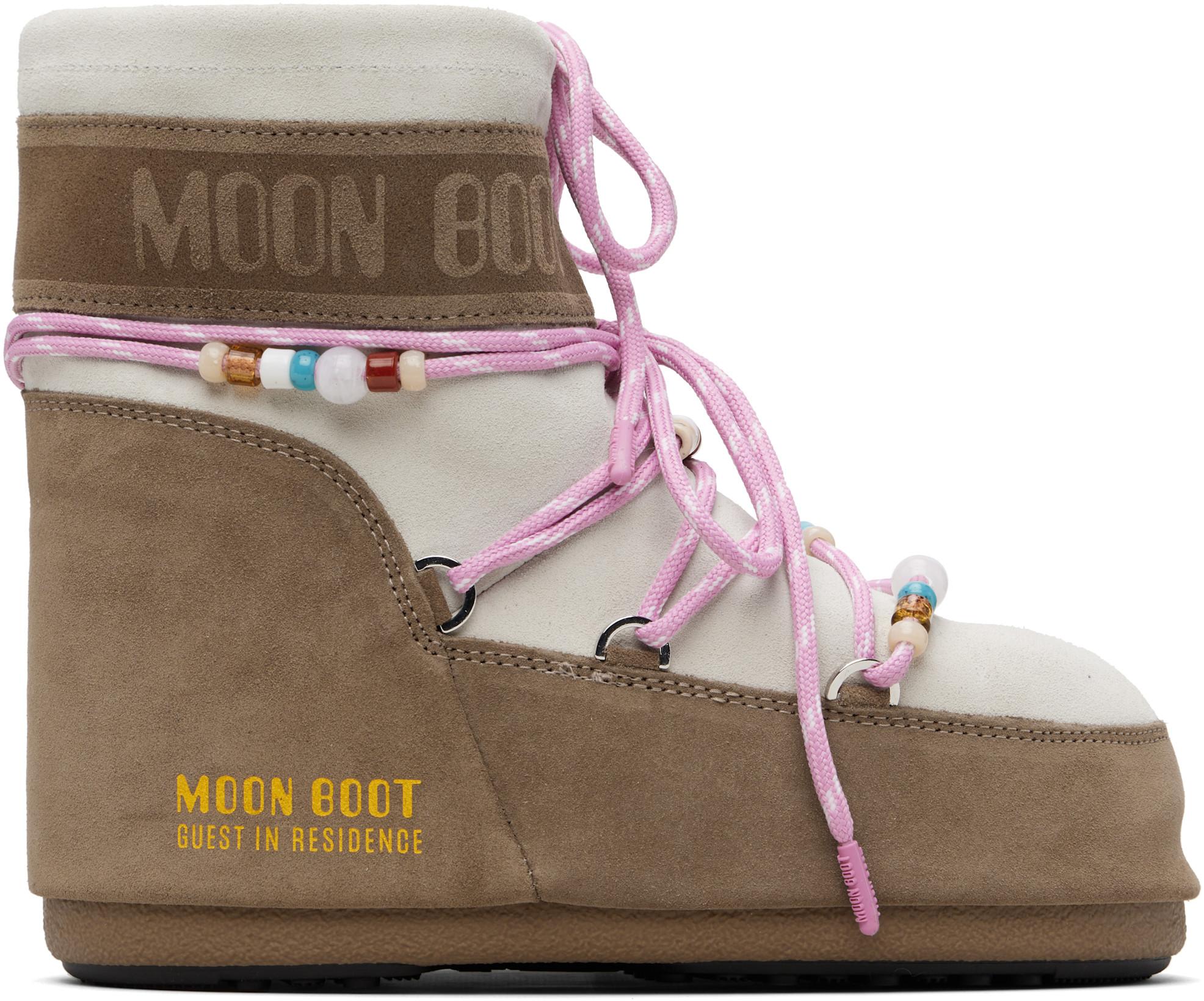 Off White & Taupe Moon Boot Edition Icon Low Beaded Suede Boots by GUEST IN RESIDENCE