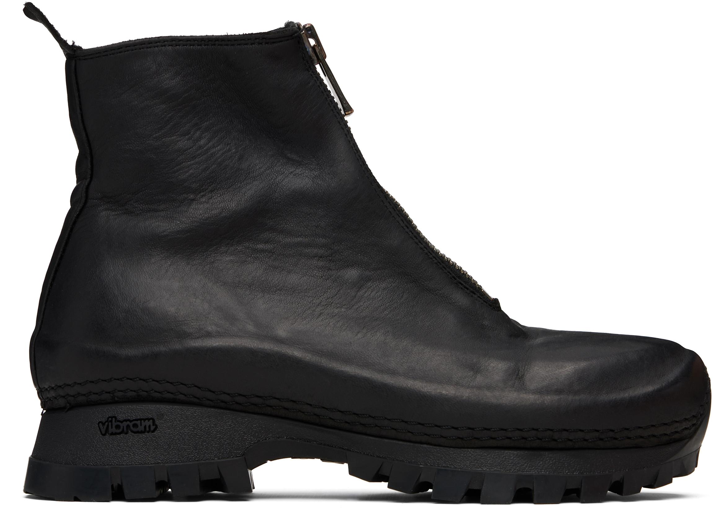 Black VS01 Leather Front Zip Ankle Boots by GUIDI