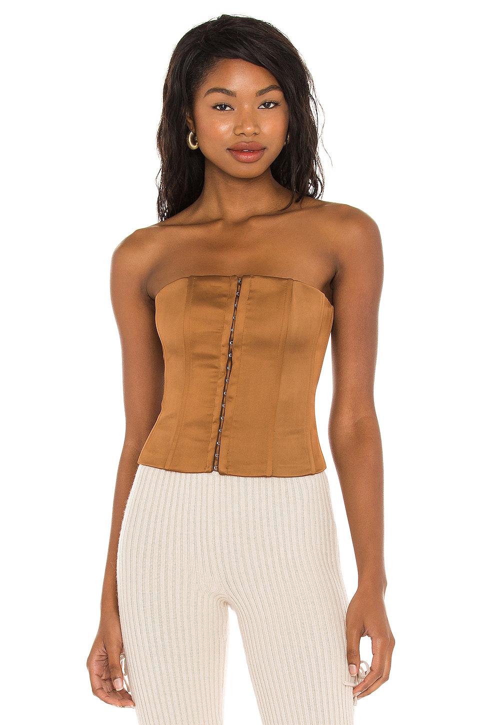 GUIZIO Satin Corset Top in Cognac by GUIZIO