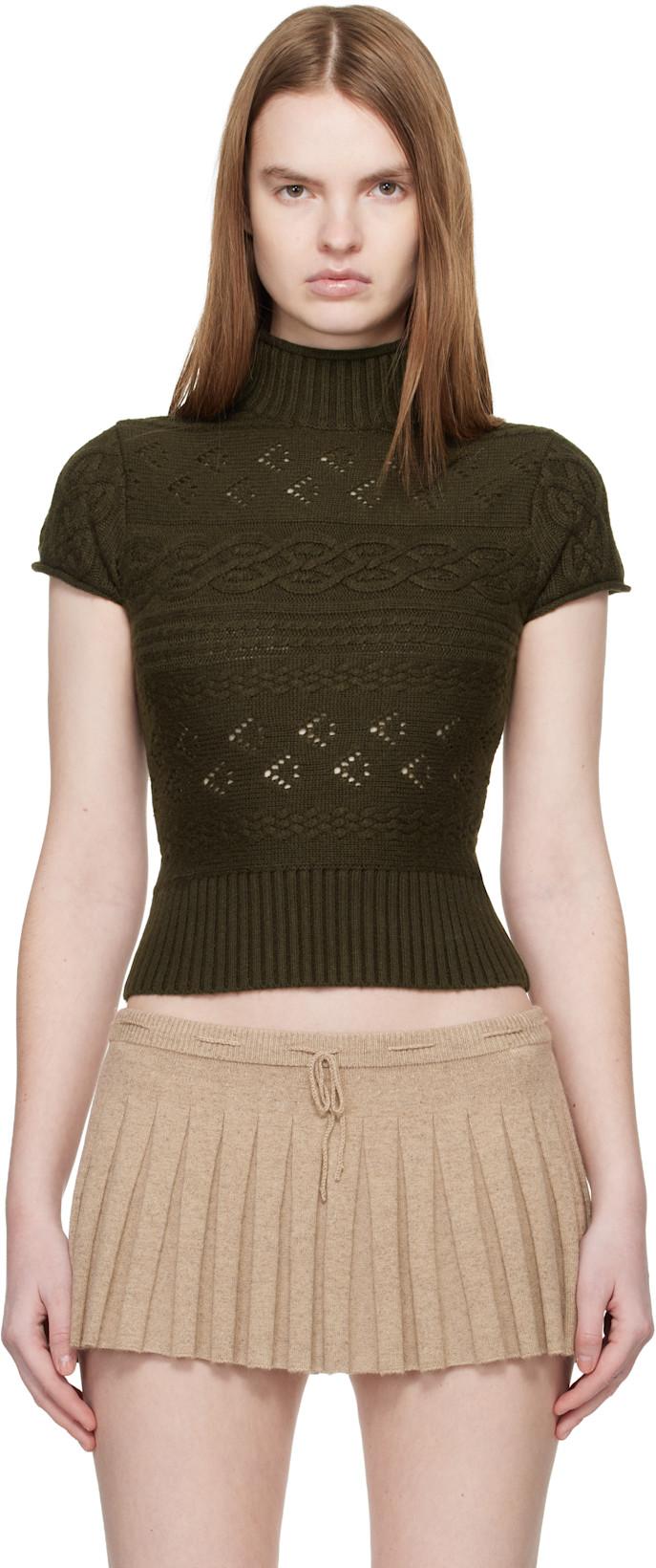 Khaki Vivienne Short Sleeve Cable Turtleneck by GUIZIO