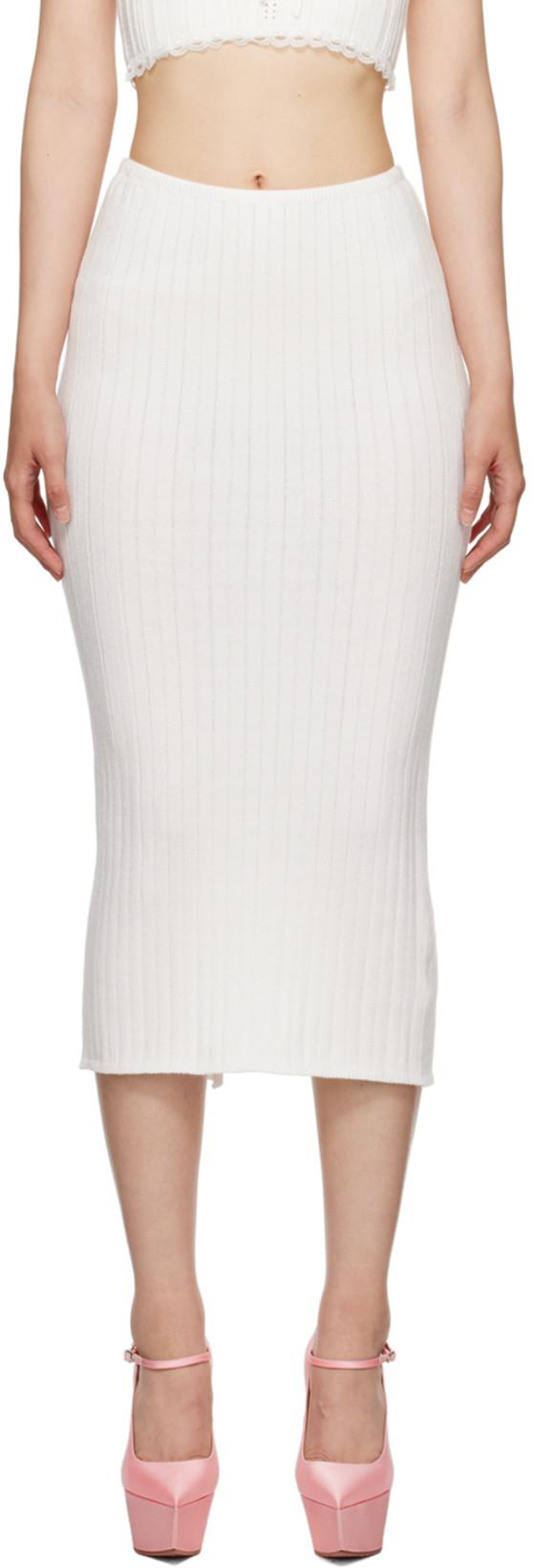White Ribbed Midi Skirt by GUIZIO