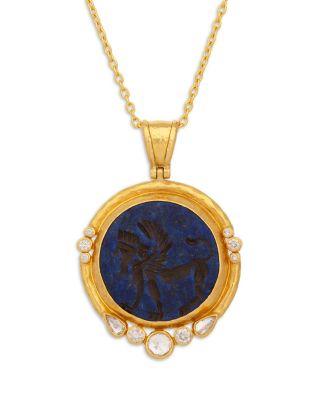 24K Yellow Gold Antiquities Lapis & Diamond Intaglio Pendant Necklace by GURHAN